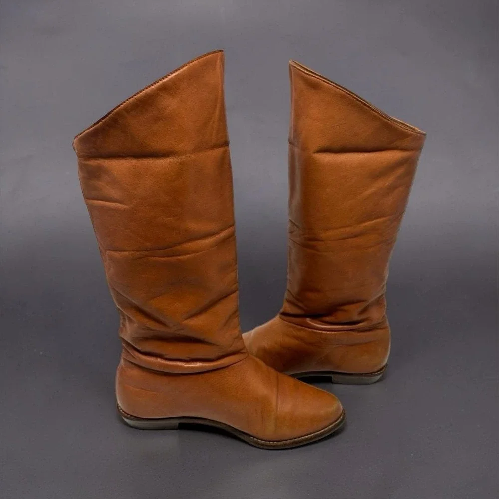 Vintage 70s Thom McAn Womens Tall Brown Leather Campus Slouch Boots US 8.5